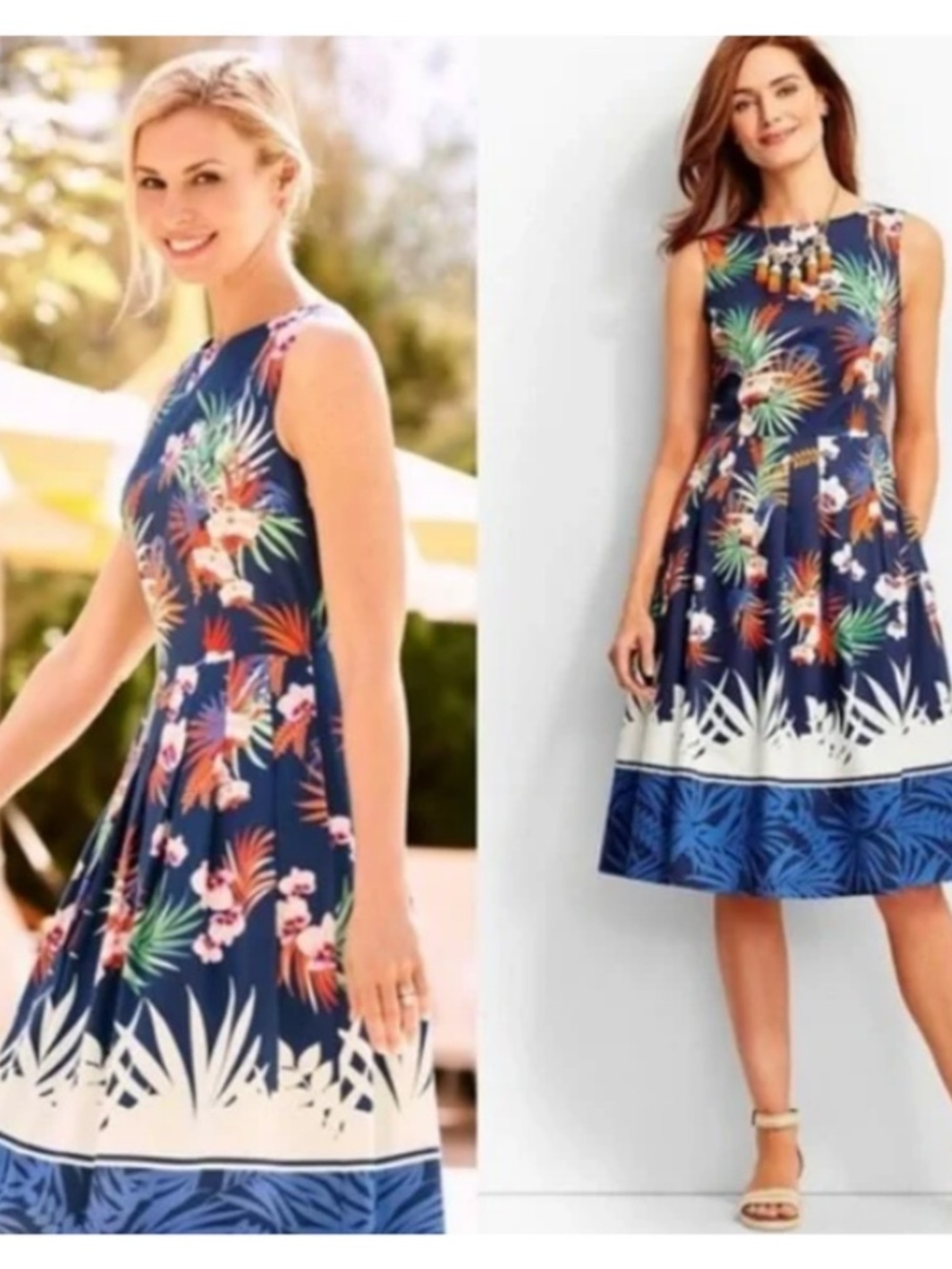 Talbots Floral Pleated Cotton Midi Dress 10P A-Line Sleeveless Pockets Preppy